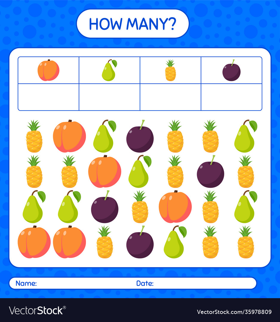 How many counting game with fruit worksheet Vector Image How many counting game with fruit worksheet