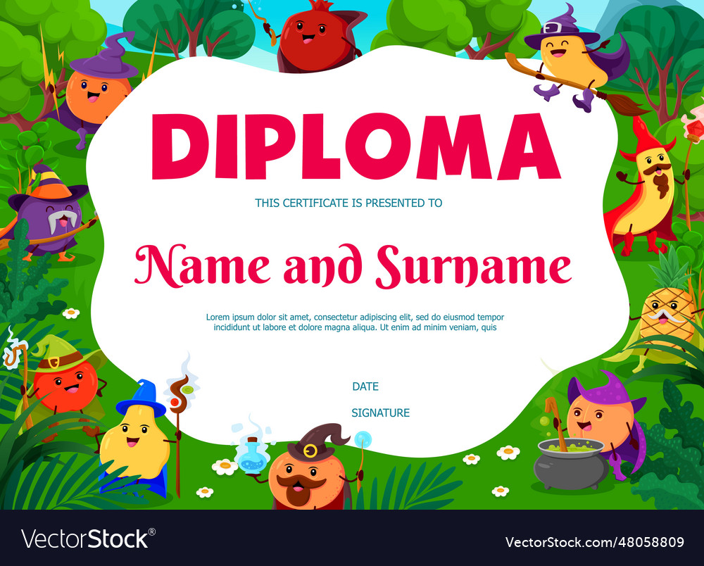 Kids diploma with cartoon halloween fruit wizards Vector Image