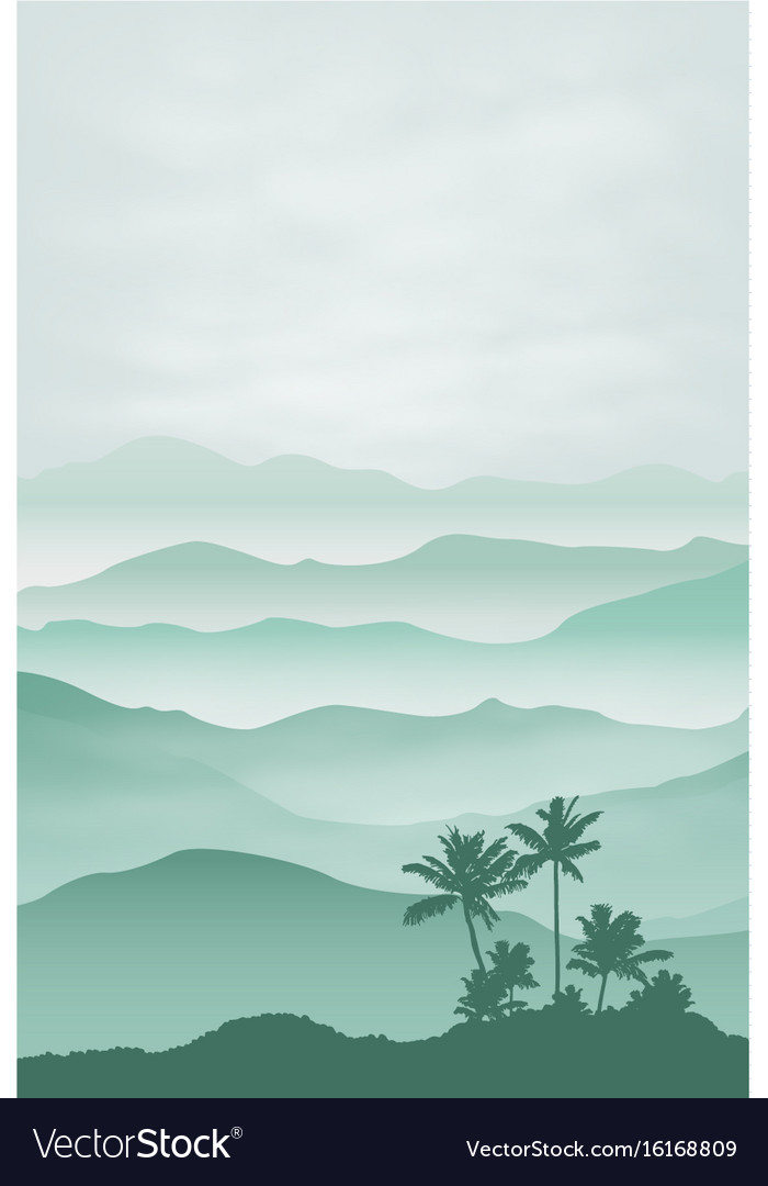 Mountains with palm tree in the fog background