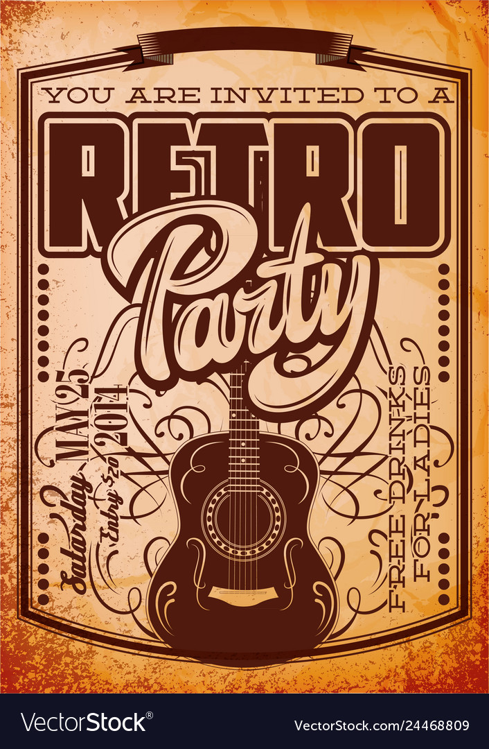 Stylish color retro party template with guitar vector image Stylish color retro party template with guitar