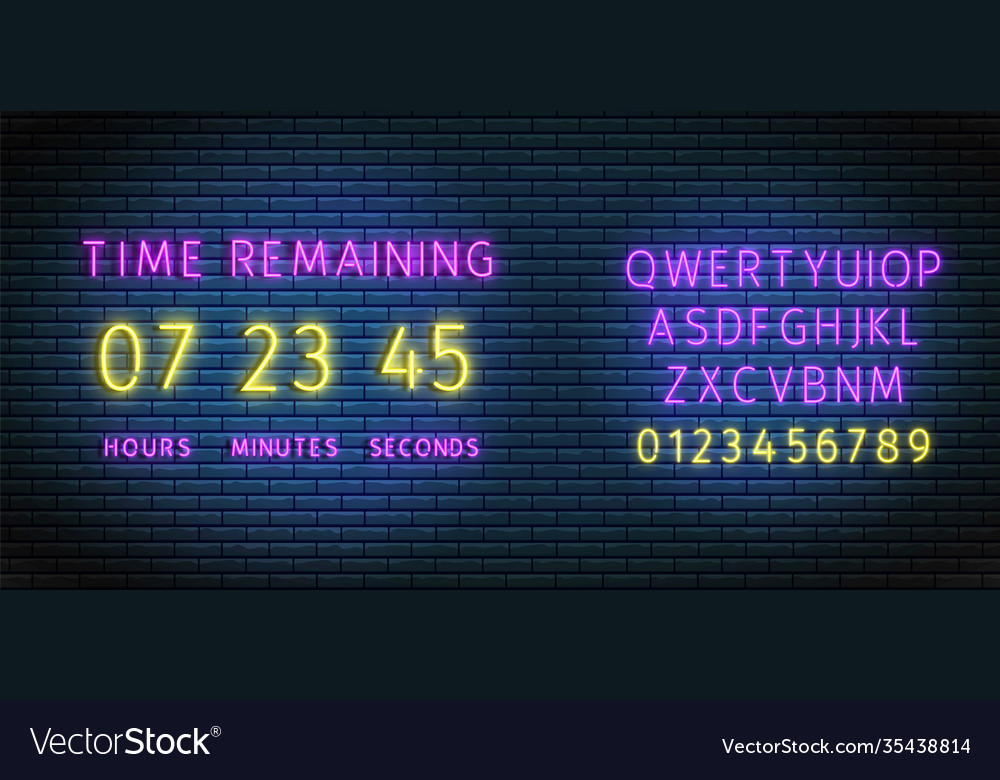 Clock counter timer with neon font illuminated vector image Clock counter timer with neon font illuminated