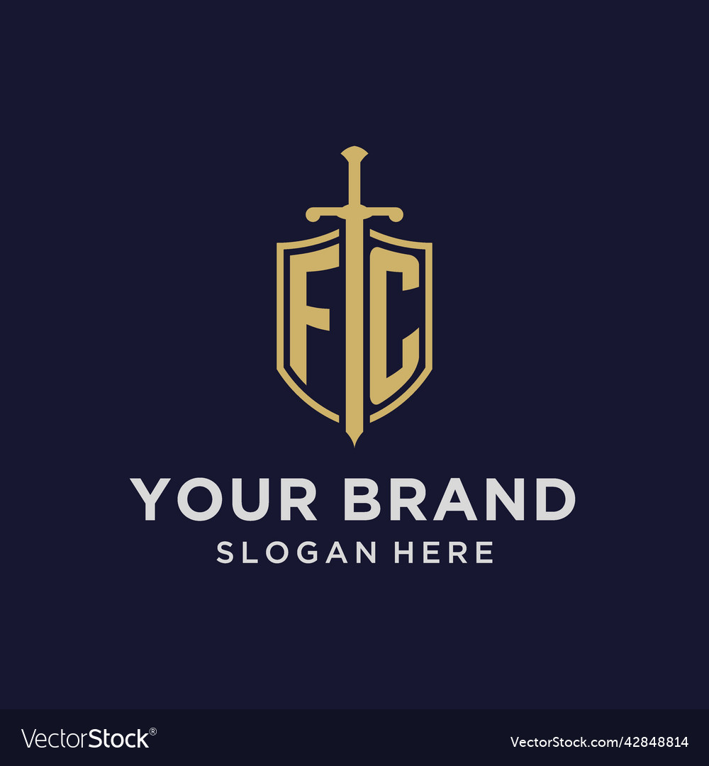 Fc logo initial monogram with shield and sword
