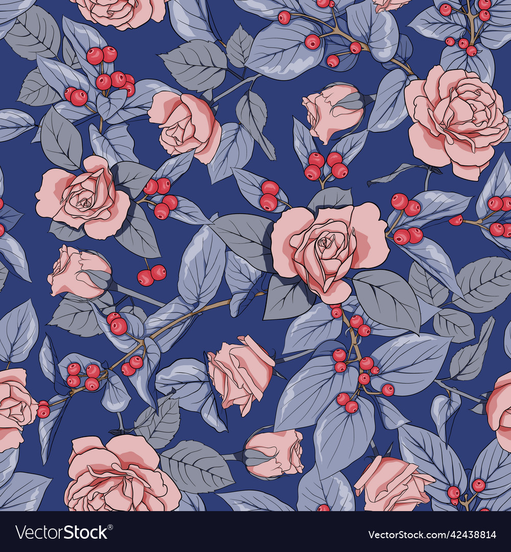 Seamless pattern with roses branches berries