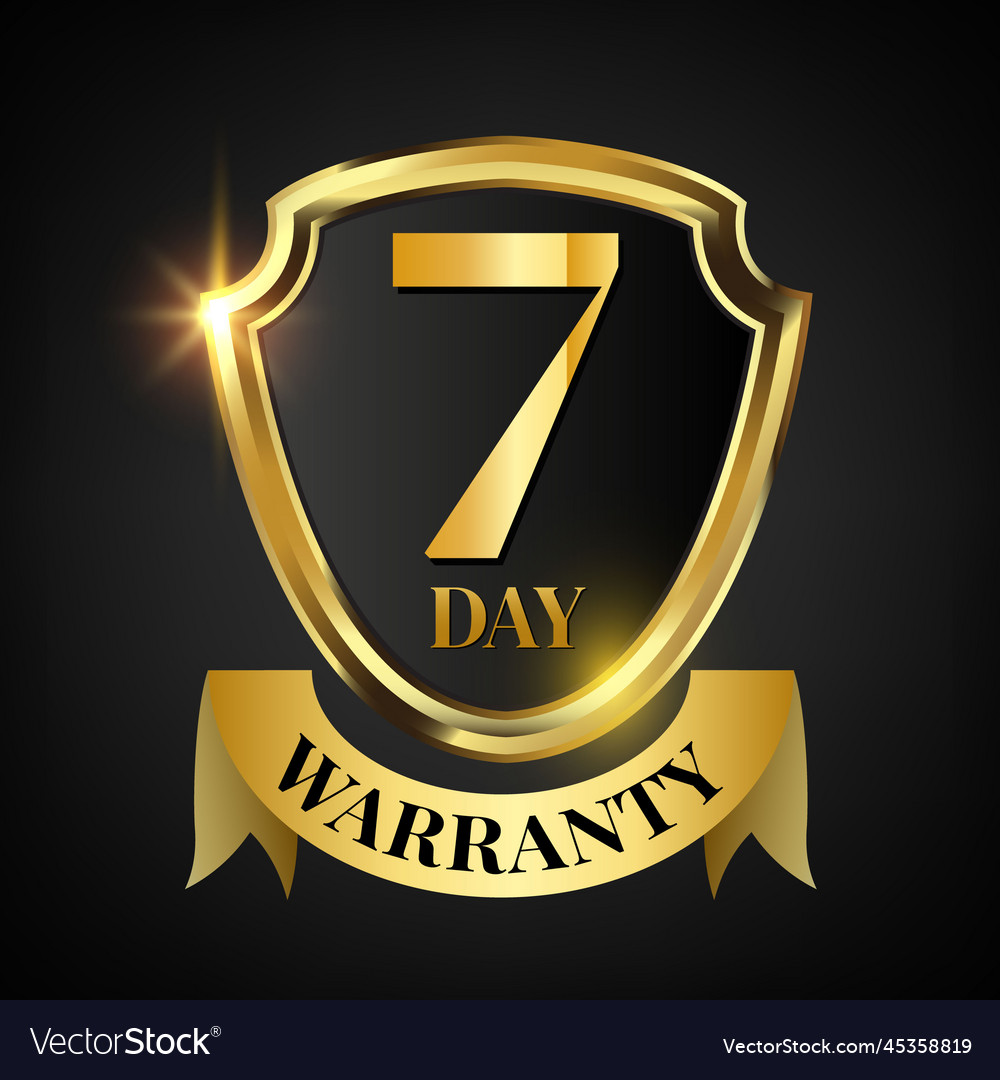 7 day warranty logo with golden shield Royalty Free Vector