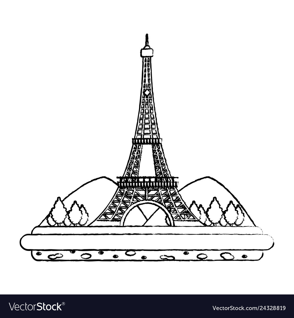 Grunge eiffel tower with mountainsand trees
