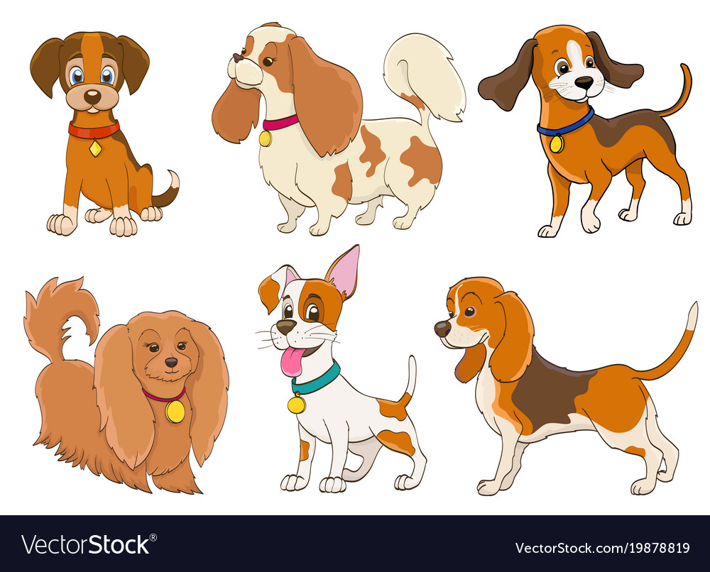 Set of cartoon dogs various breeds on white
