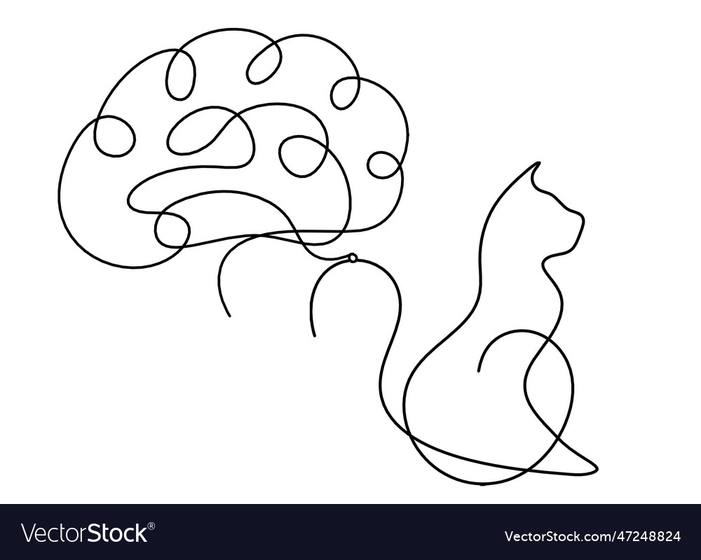Silhouette of abstract cat with brain in line