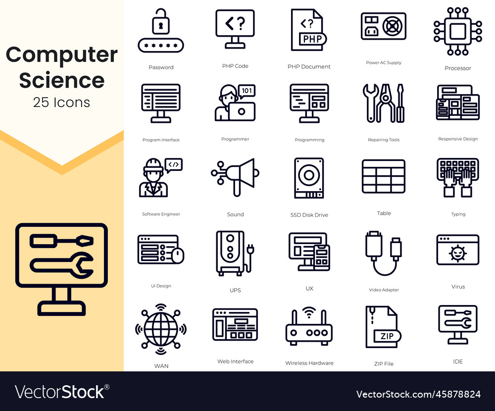 Simple outline set of computer science icons thin vector image Simple outline set of computer science icons thin
