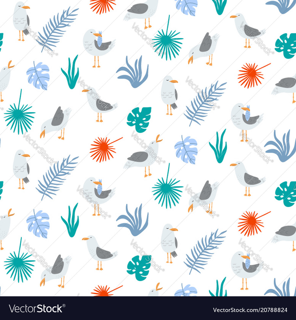 Summer seamless pattern with seagulls in cute vector image Summer seamless pattern with seagulls in cute