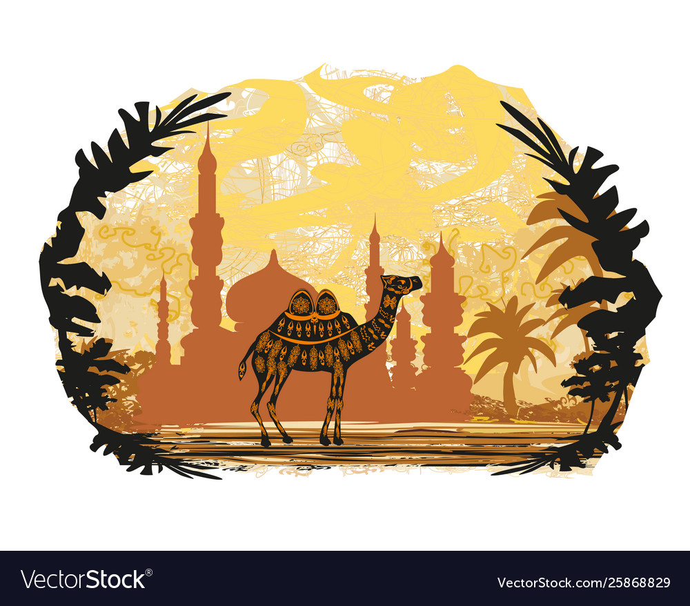 Camel building and palm trees