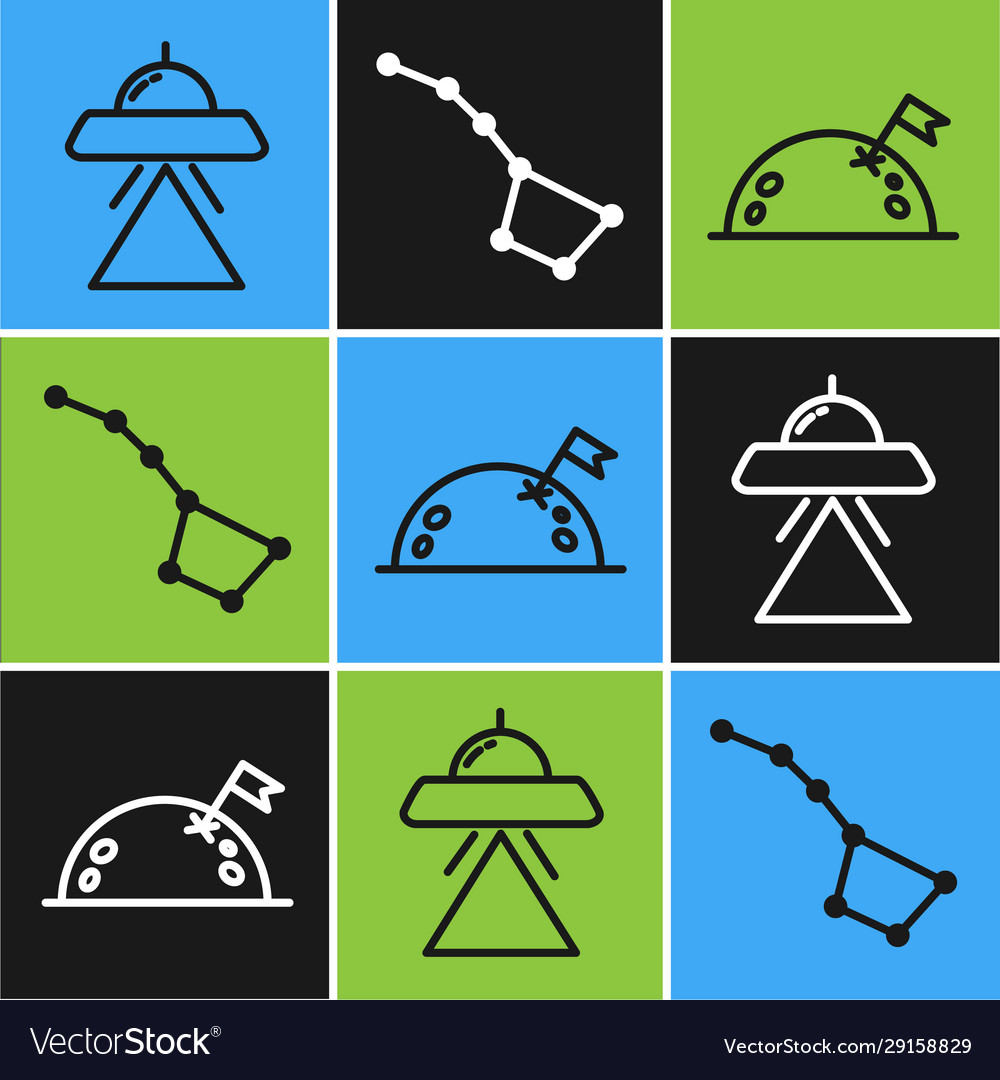 Set line ufo flying spaceship planet with flag vector image Set line ufo flying spaceship planet with flag