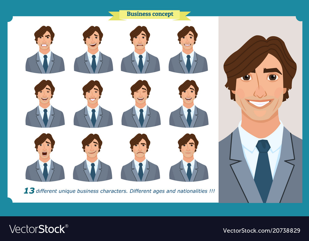 Set of male facial emotions business man