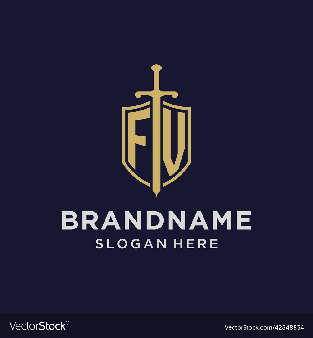 Fv logo initial monogram with shield and sword