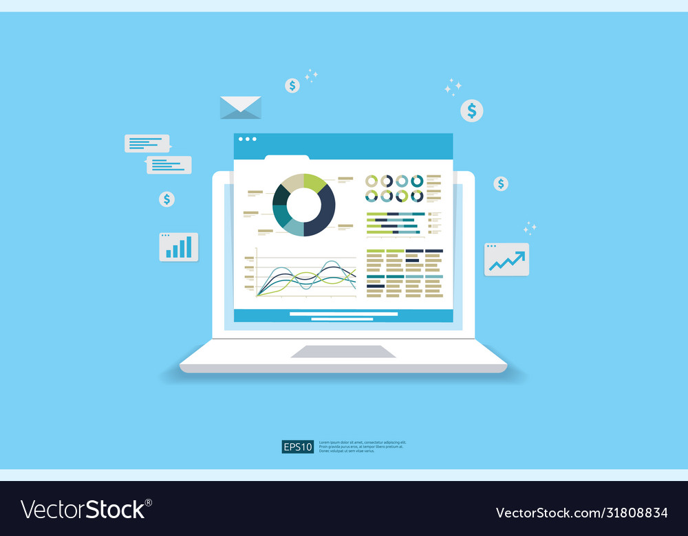 Web statistics analytic charts on laptop device vector image Web statistics analytic charts on laptop device