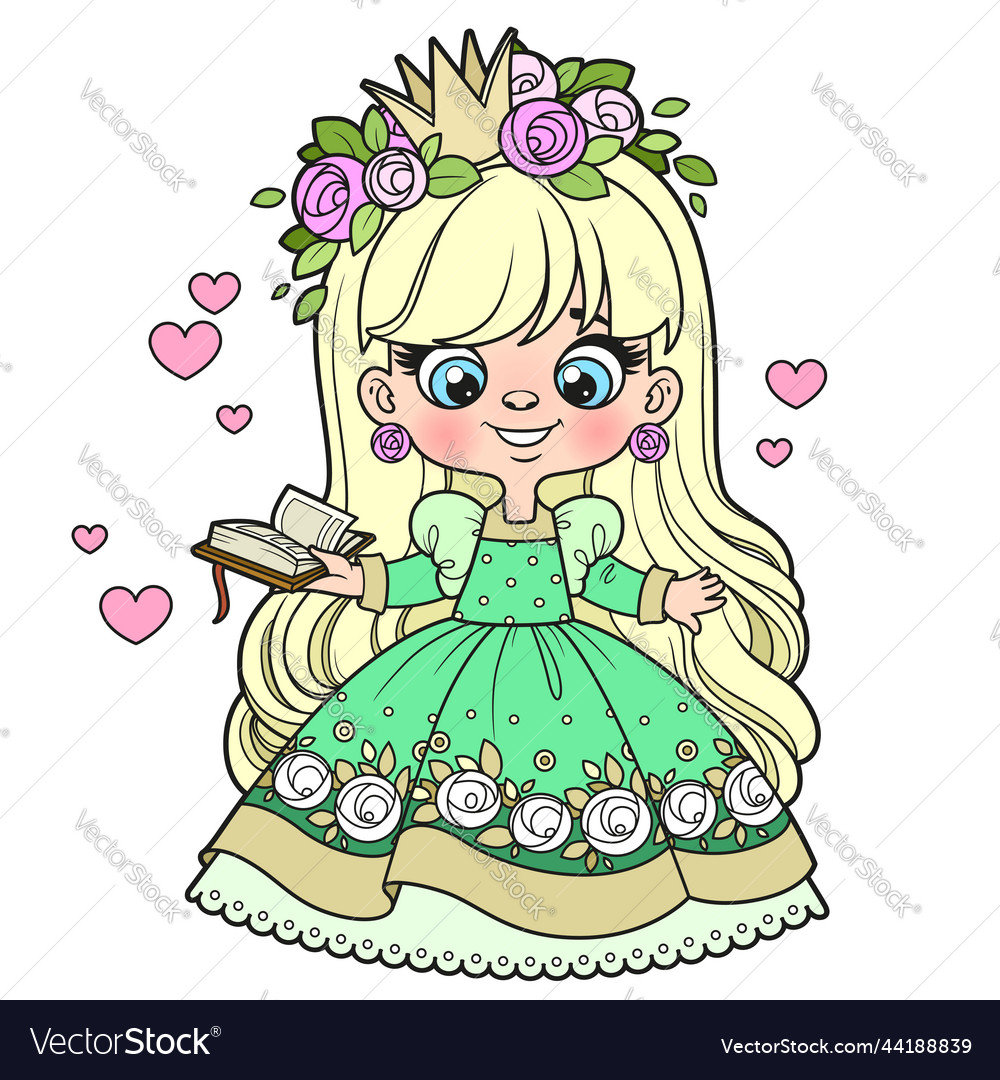 Cute long haired cartoon princess girl with book Vector Image