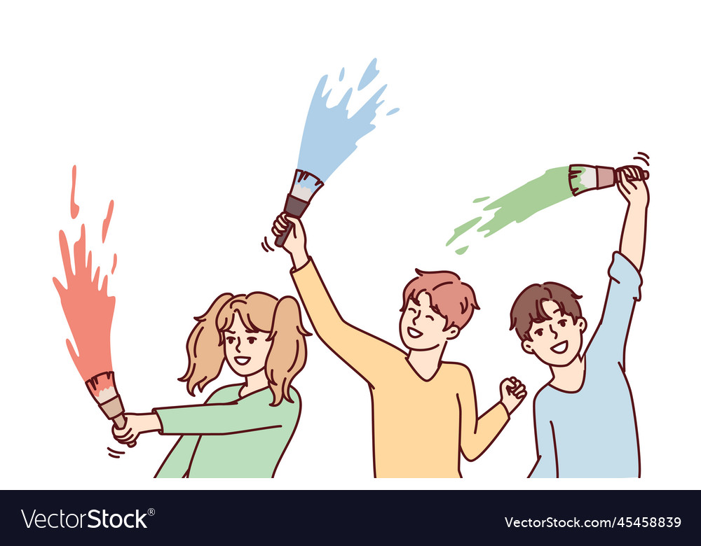 Happy children waving paint brushes with multi