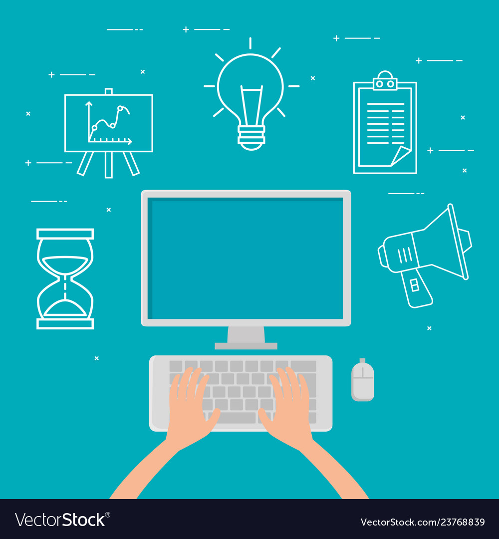 Office report and hand with computer technology