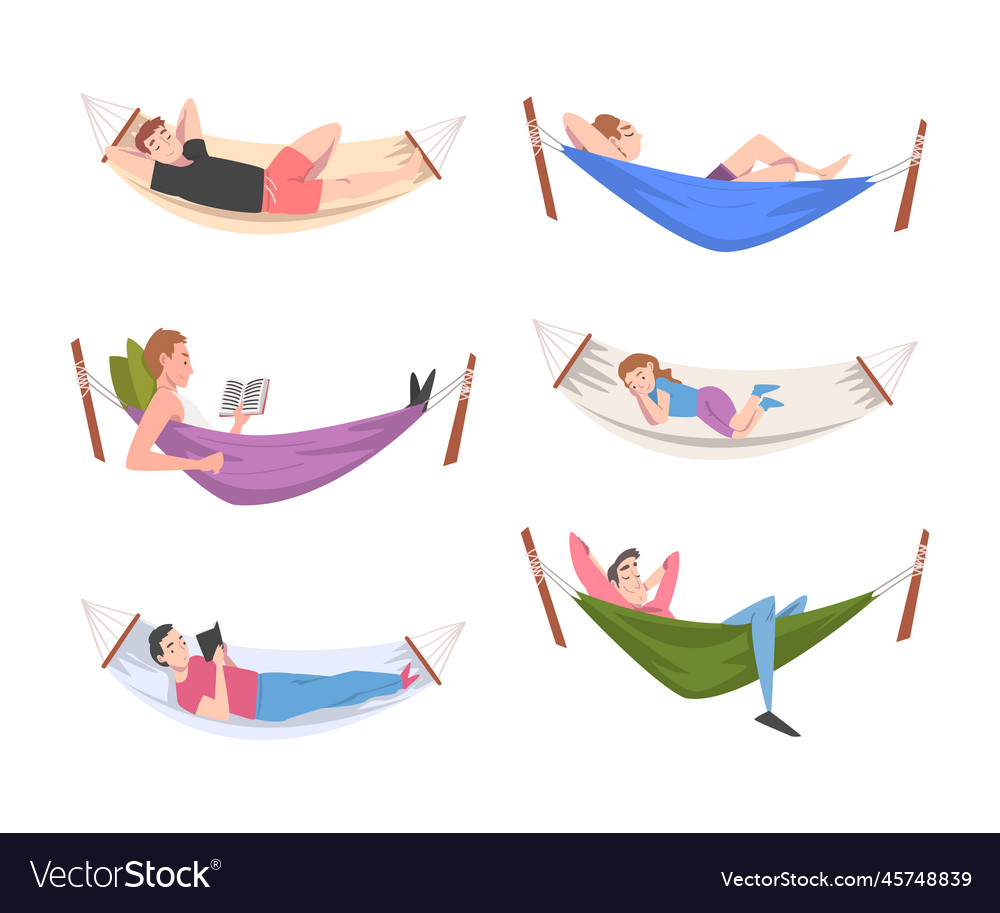 People characters resting in hammock reading book