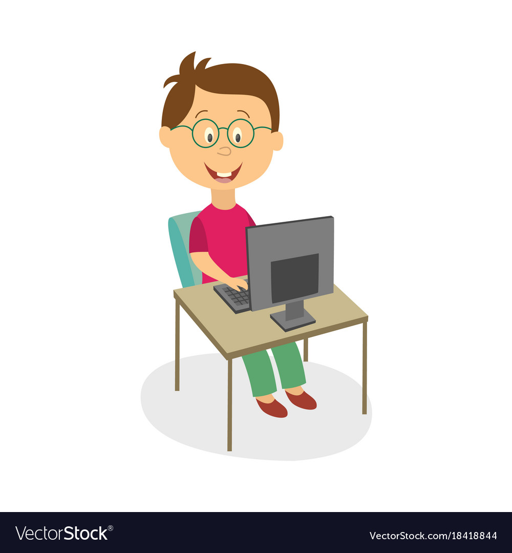 Boy in glasses studying playing on computer Vector Image