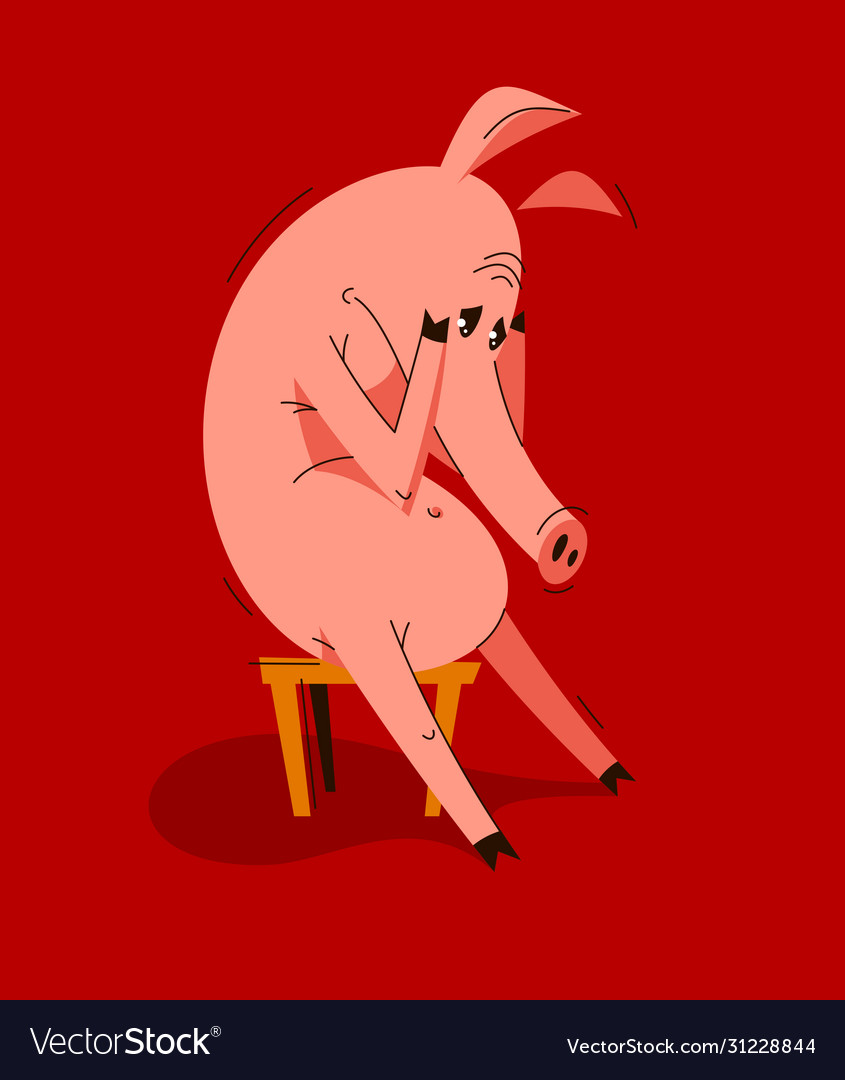 Funny cartoon pig upset and depressed sitting