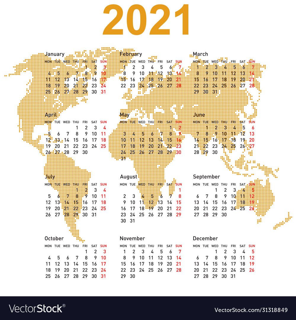 Calendar 2021 with world map week starts on monday