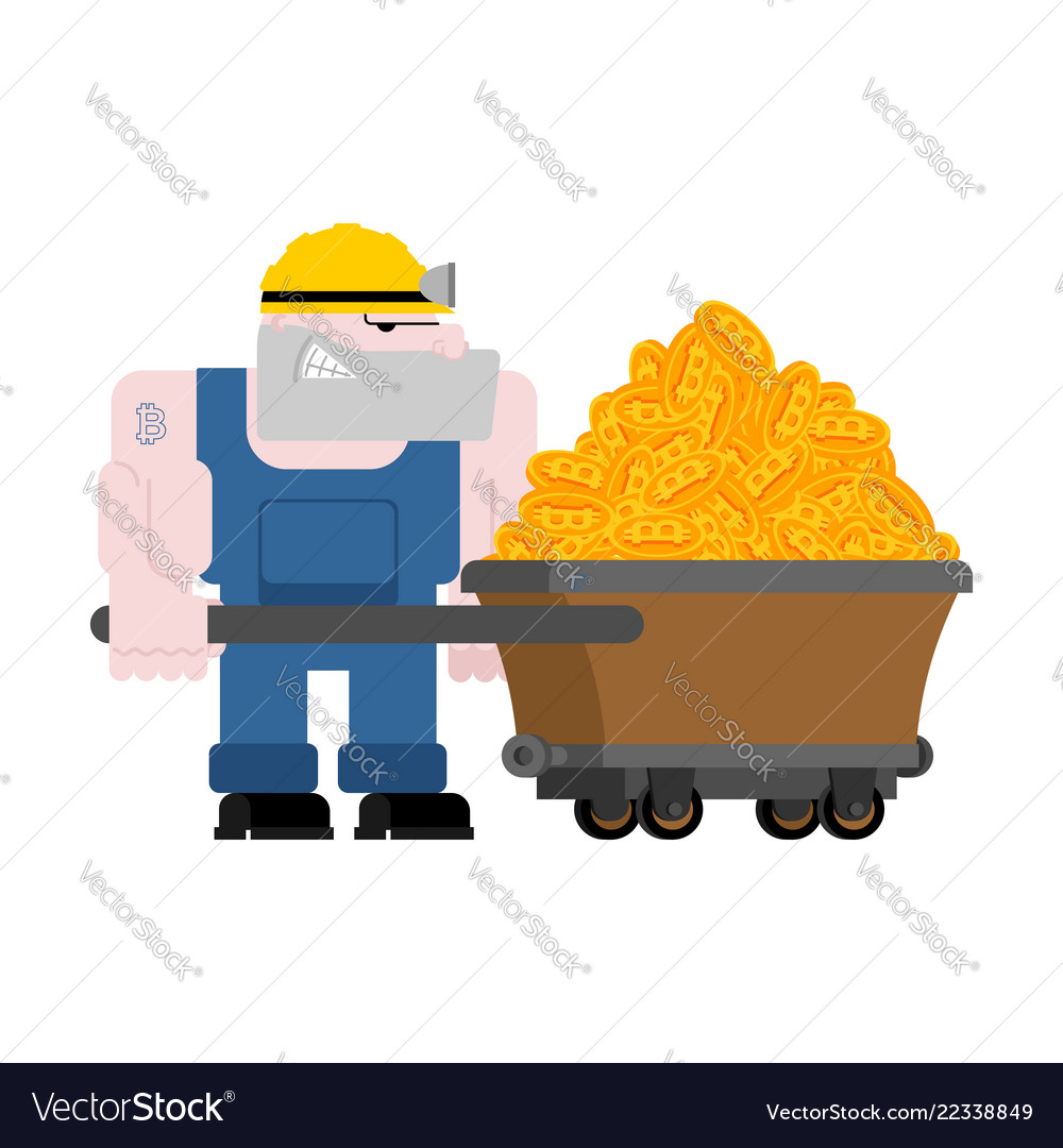 Miner and trolley of bitcoins mining extraction Vector Image