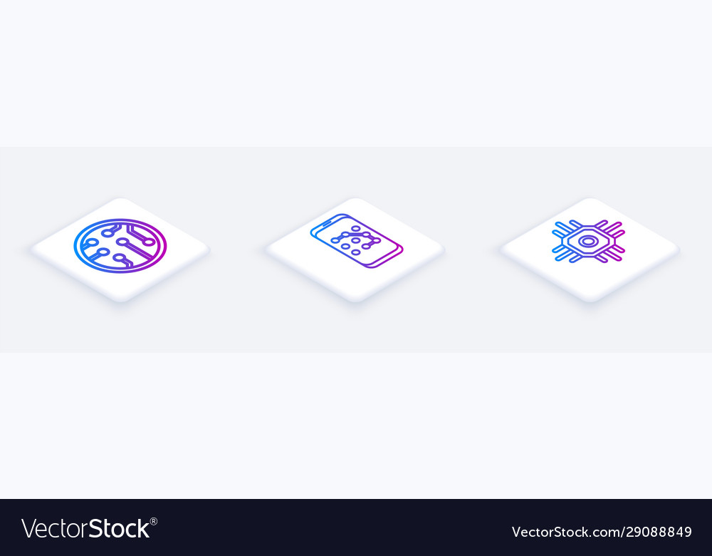 Set isometric line processor mobile and graphic vector image Set isometric line processor mobile and graphic