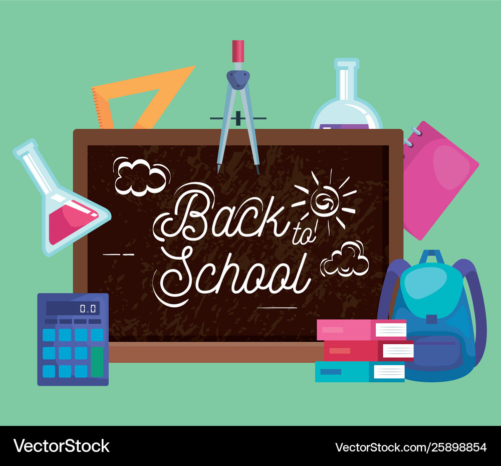 Blackboard with compass pencil and books Vector Image