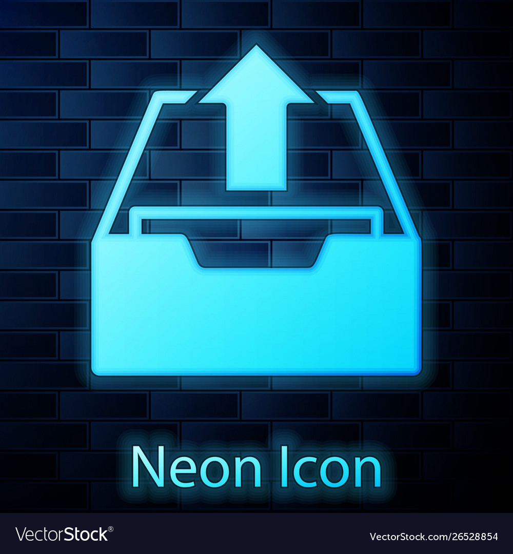 Glowing neon upload inbox icon isolated on brick vector image Glowing neon upload inbox icon isolated on brick