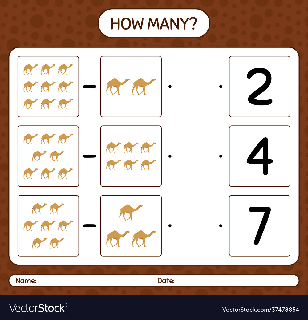 How many counting game with camel worksheet vector image How many counting game with camel worksheet