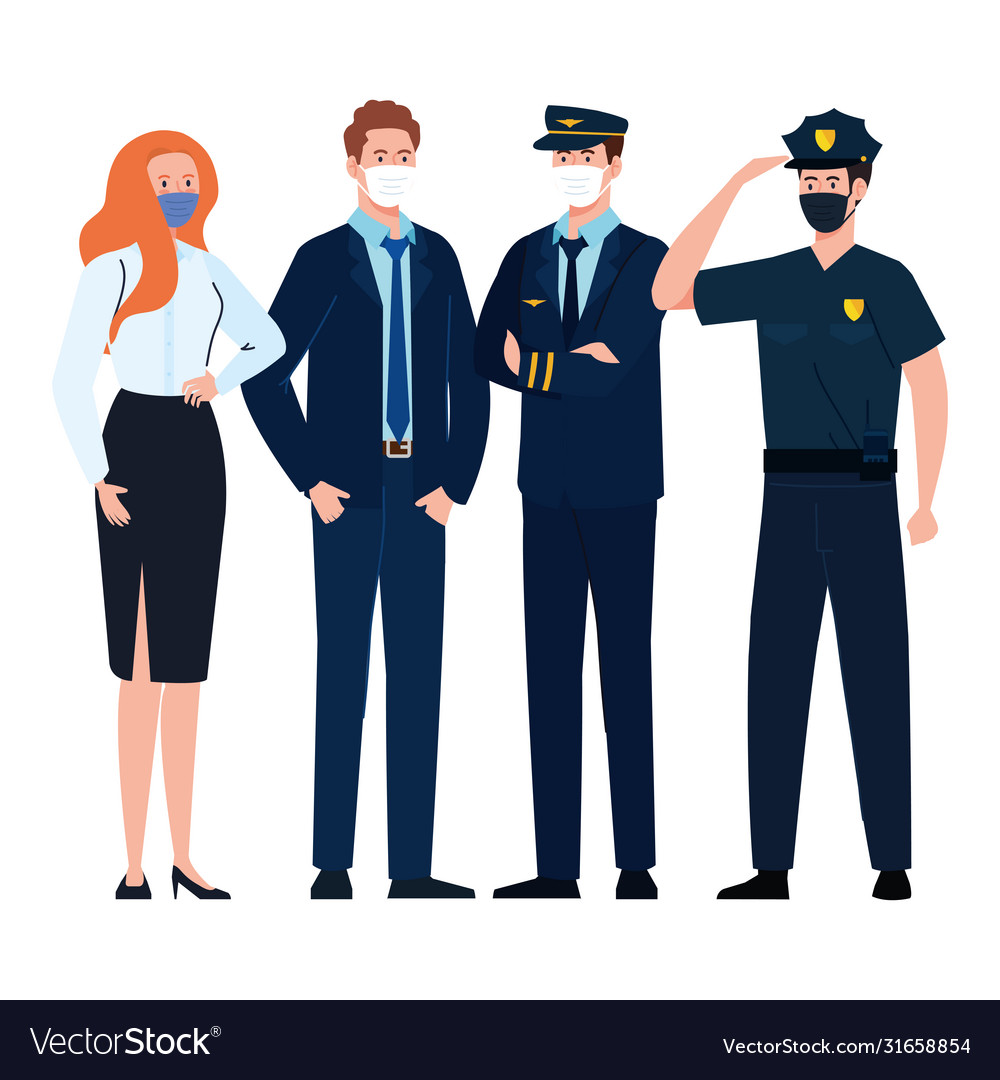 Pilot businesspeople and police with masks