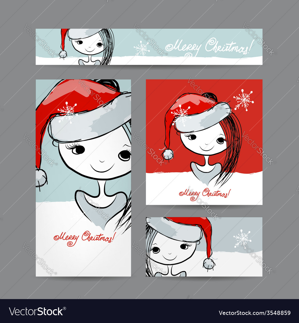 christmas cards with santa girl sketch for your vector image