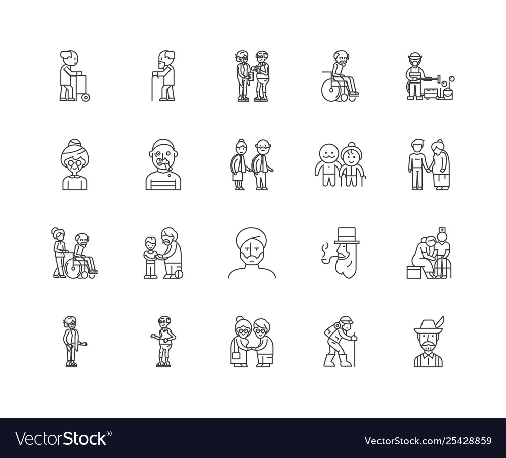 Elderly people line icons signs set Royalty Free Vector