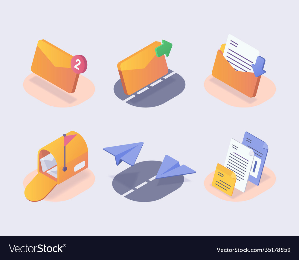 Email set collection with 6 objects isometric vector image Email set collection with 6 objects isometric