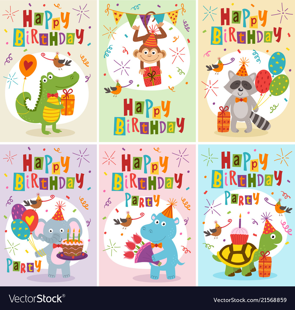 Set greeting cards birthday with animals Vector Image