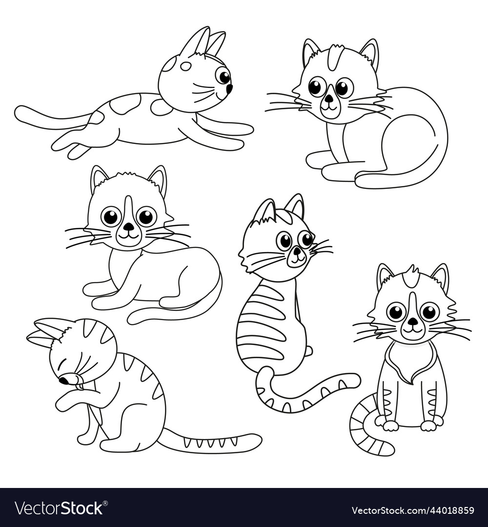 Set of cats coloring page black and white kitty Vector Image