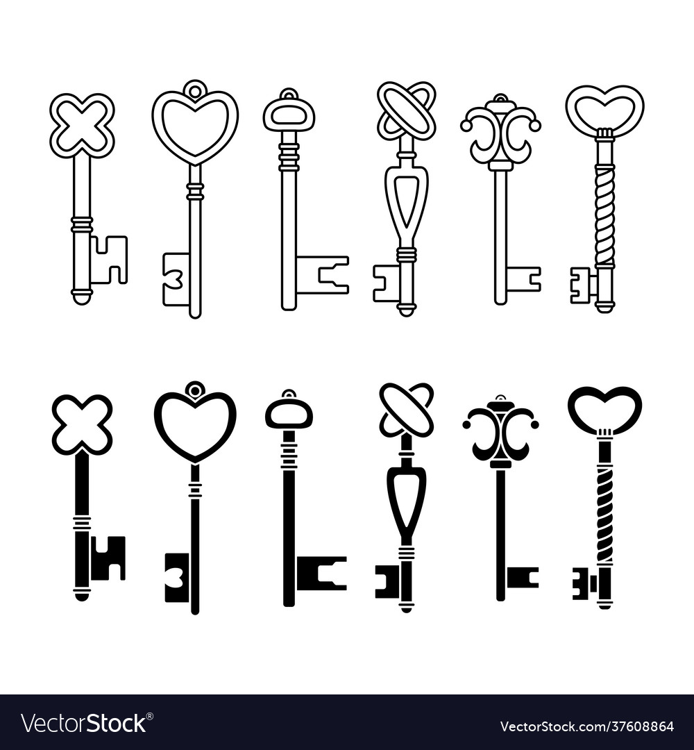 Set retro keys in simple and outline styles vector image Set retro keys in simple and outline styles