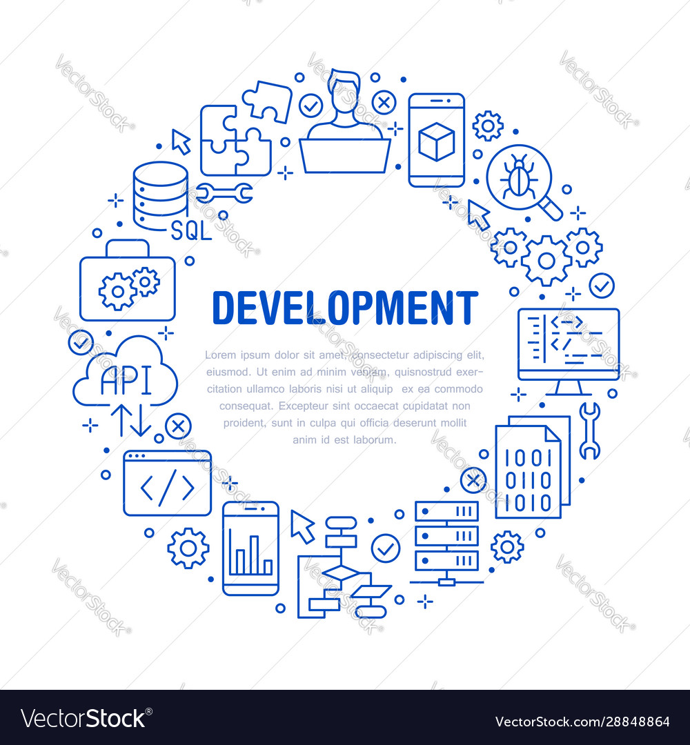 Software development circle poster with flat line vector image Software development circle poster with flat line
