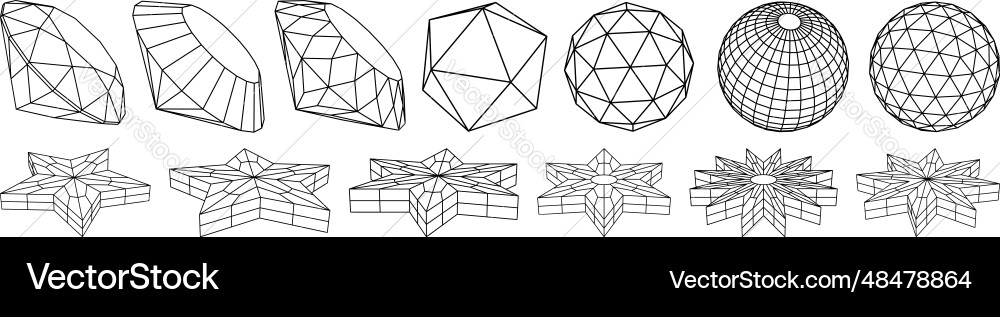 Wireframe lowpoly 3d geometric shapes set Vector Image