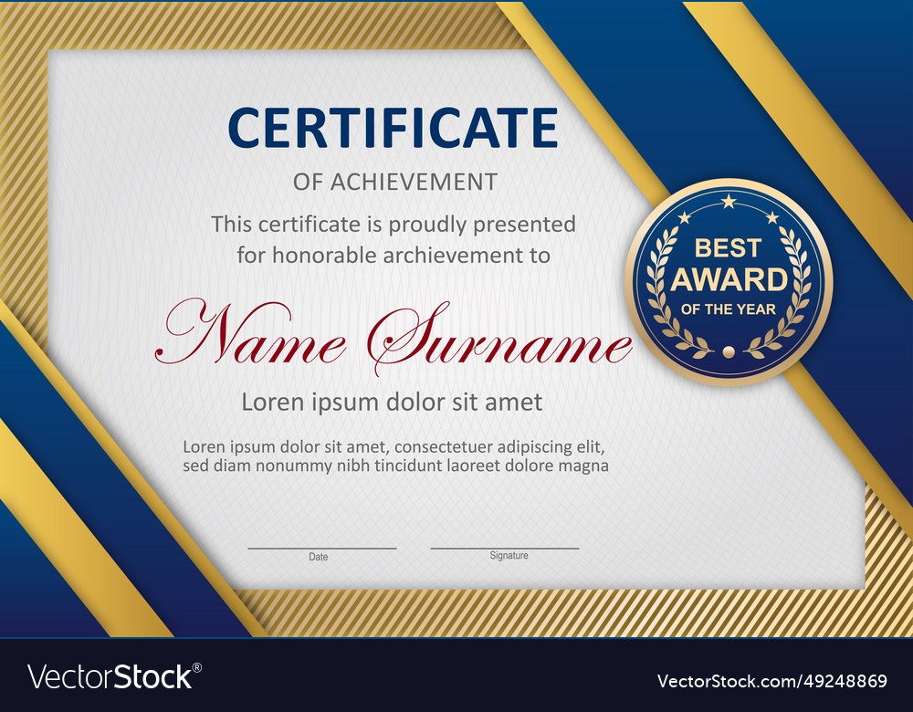 Blue And Gold Certificate Template Royalty Free Vector Image