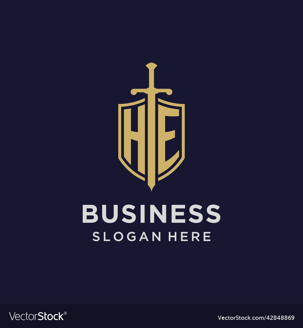 He logo initial monogram with shield and sword