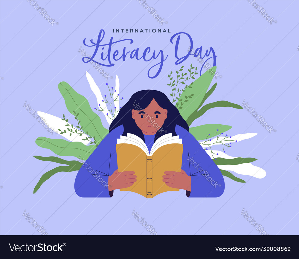 Literacy day girl reading book green plant leaf Vector Image