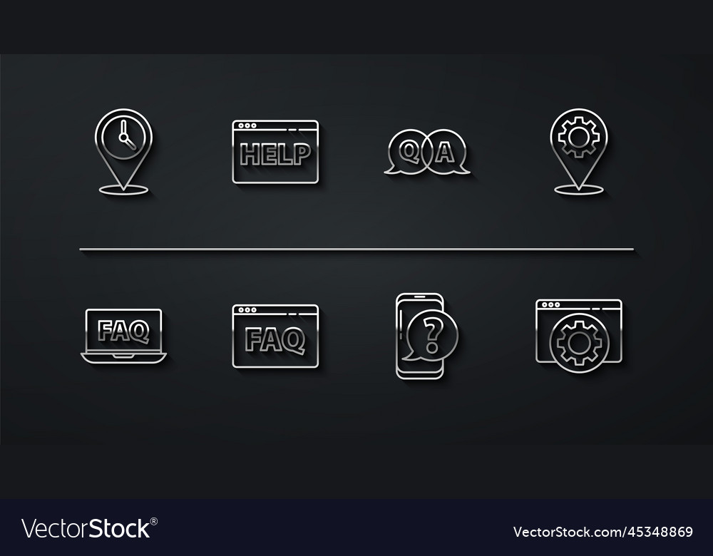 Set line location with clock laptop and faq gear vector image Set line location with clock laptop and faq gear