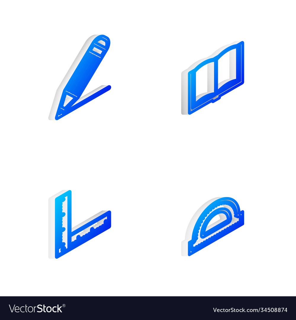 Set isometric line open book pencil