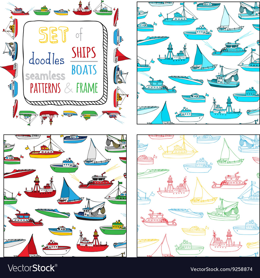 Set of seamless marine patterns and frame