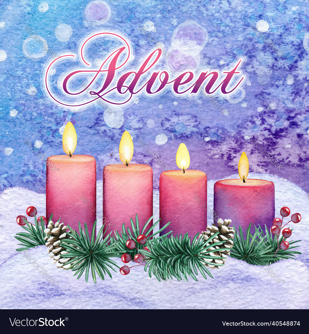 Watercolor purple advent candles in a snowy Vector Image