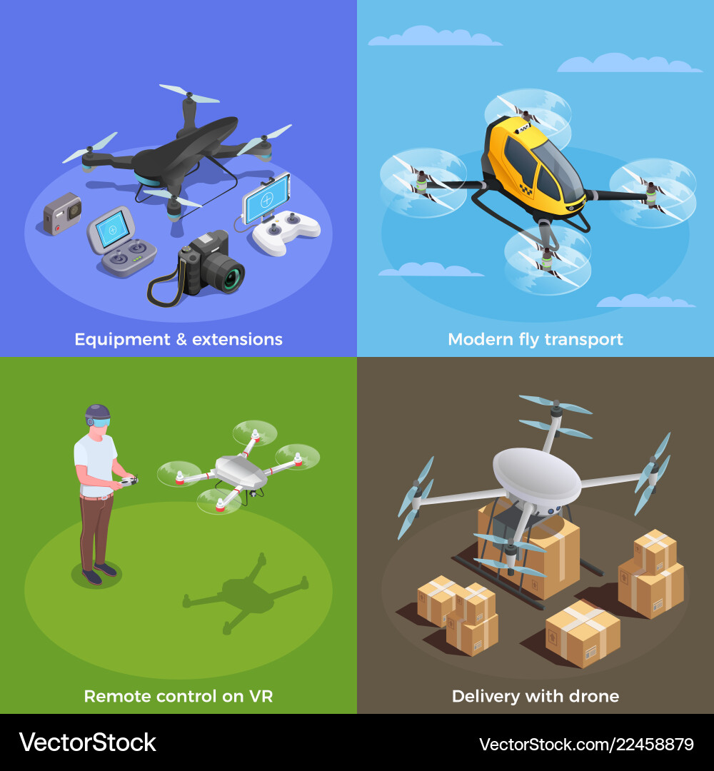 Drones isometric concept Royalty Free Vector Image