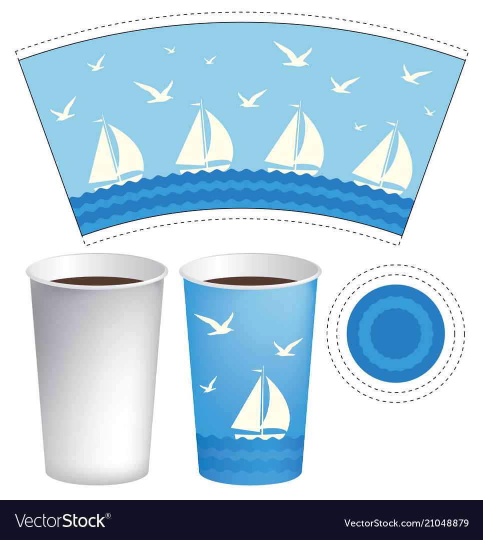 paper cup template with sailboats in the sea vector image