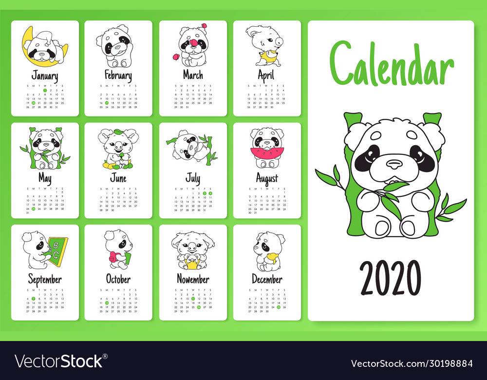 Cute sloth and panda 2020 calendar design