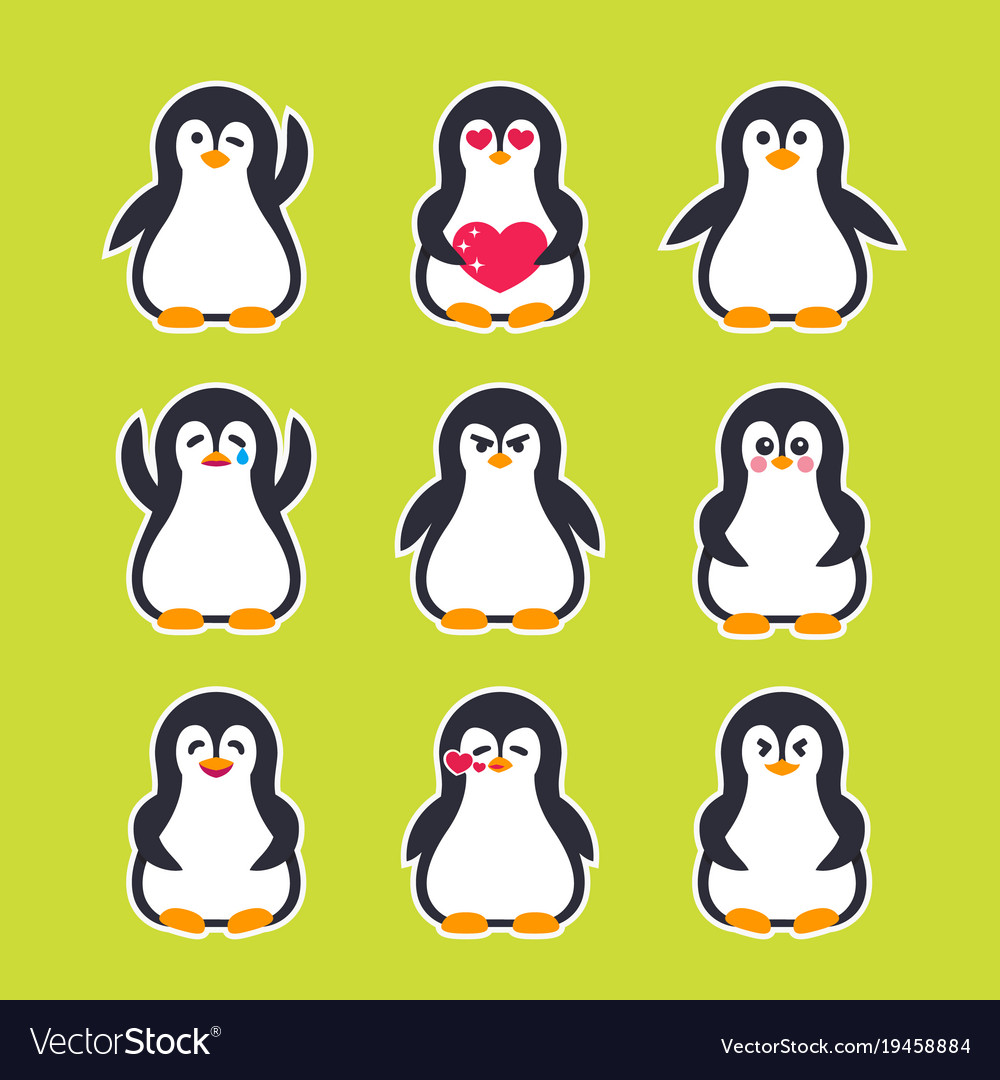 Emojis Stickers With Pinguin Character Royalty Free Vector